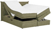 Boxspringbett in Olivgrün mit verstellbaren Matratzen und Stauraum, seitliche Perspektive
