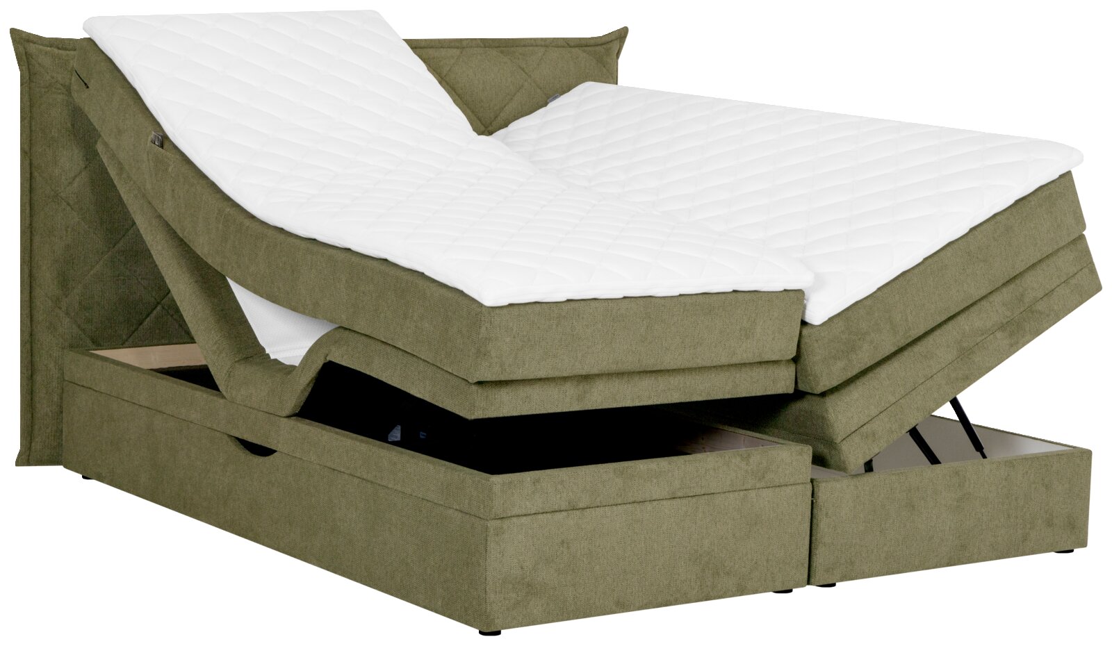 Boxspringbett in Olivgrün mit verstellbaren Matratzen und Stauraum, seitliche Perspektive