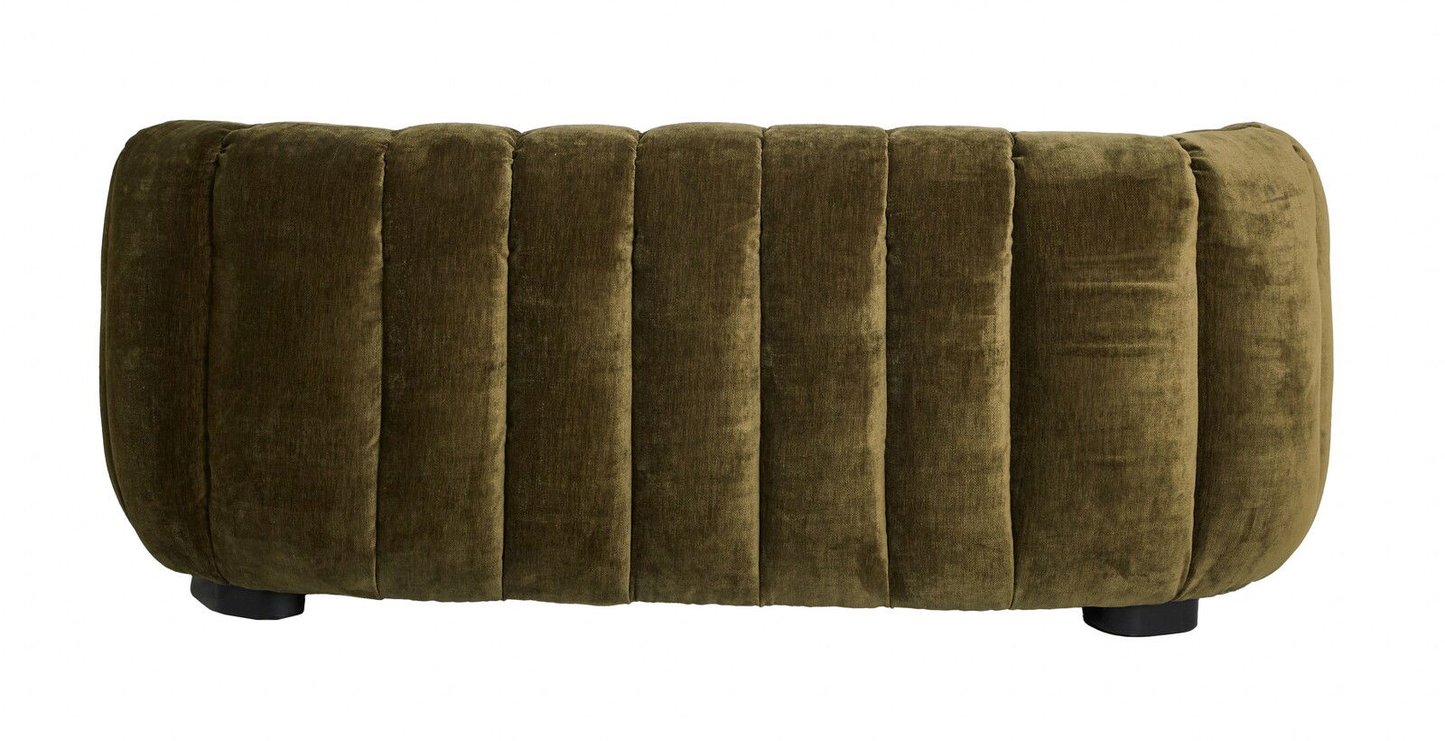Rückansicht einer olivgrünen Couch mit vertikalen Polsterstreifen