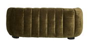 Rückansicht einer olivgrünen Couch mit vertikalen Polsterstreifen