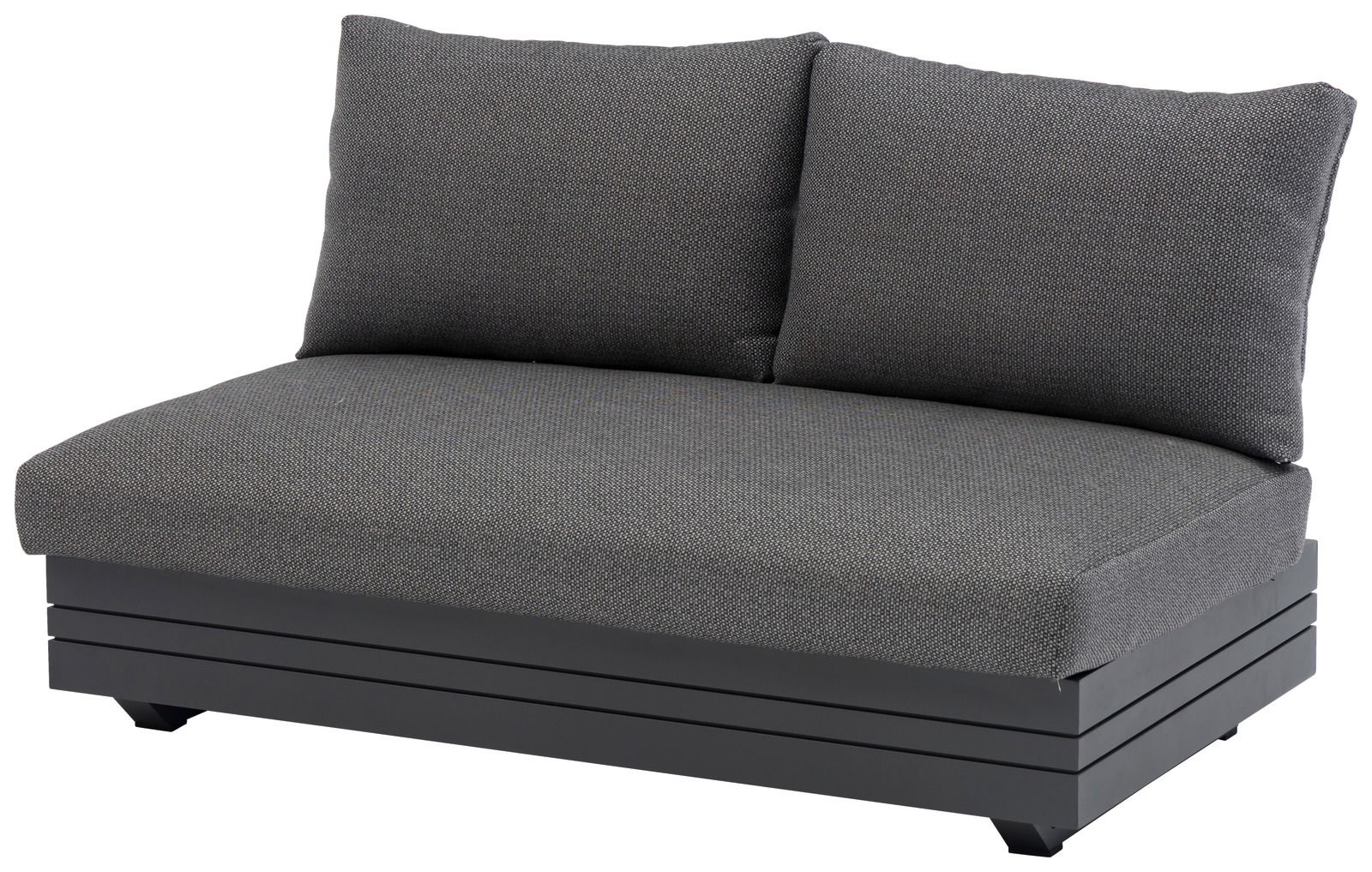 Graues 2-Sitzer Loungeelement mit zwei Rückenkissen, seitliche Perspektive