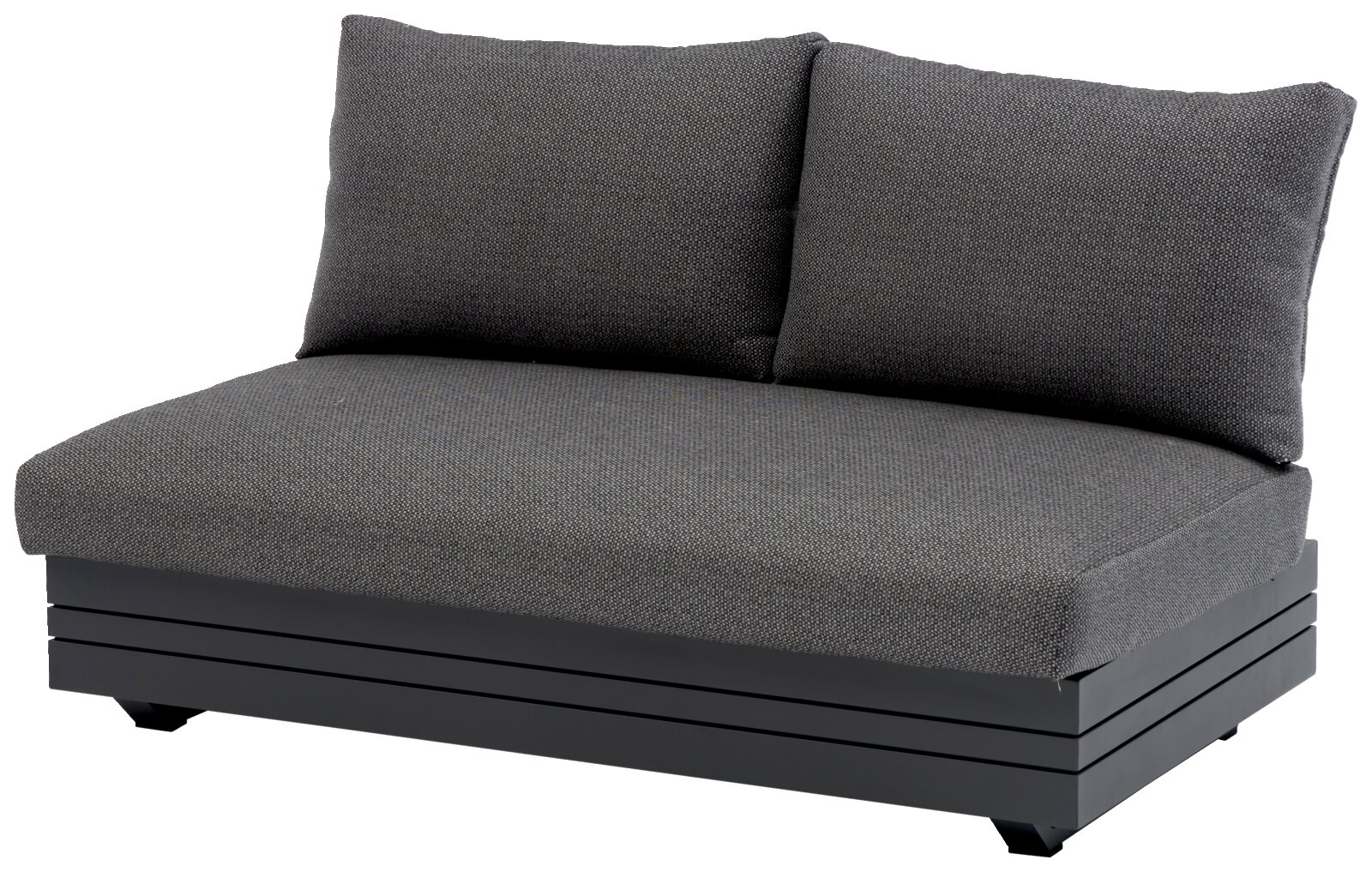 Grijs loungemeubel voor twee personen met twee rugkussens, zijaanzicht
