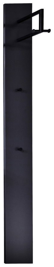 Schwarzes Garderobenpaneel mit mehreren Haken, seitliche Perspektive
