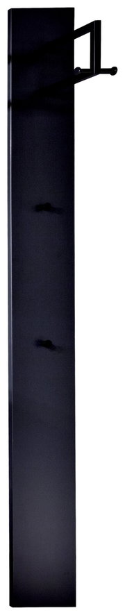 Schwarzes Garderobenpaneel mit mehreren Haken, seitliche Perspektive