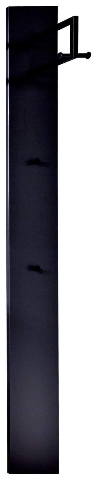 Schwarzes Garderobenpaneel mit mehreren Haken, seitliche Perspektive