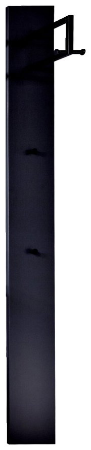 Schwarzes Garderobenpaneel mit mehreren Haken, seitliche Perspektive