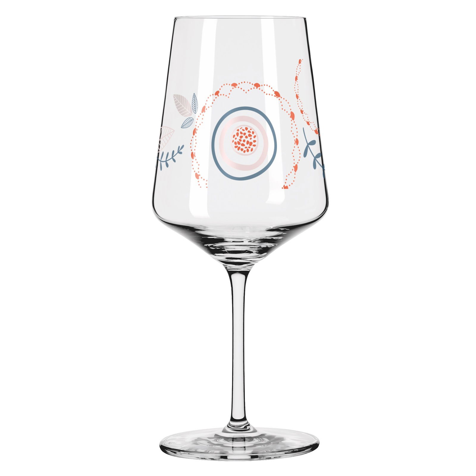 Weinglas mit floralem Muster, seitliche Perspektive