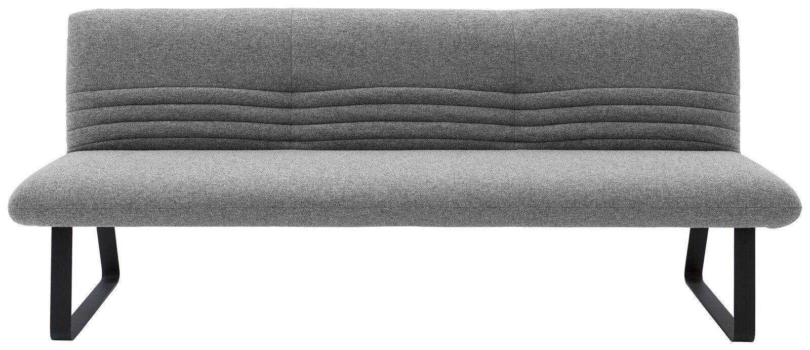 Graue Sitzbank mit gepolsterter Rückenlehne und Metallbeinen, Frontalansicht