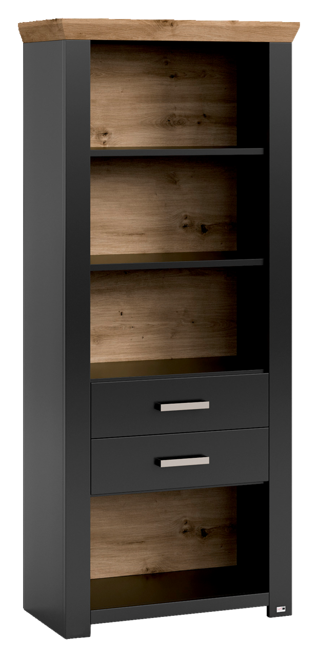 Modernes Regal mit Holzoptik und zwei Schubladen, Frontalansicht