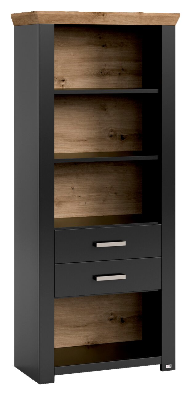 Modernes Regal mit Holzoptik und zwei Schubladen, Frontalansicht