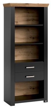 Moderne kast met houtlook en twee lades, vooraanzicht