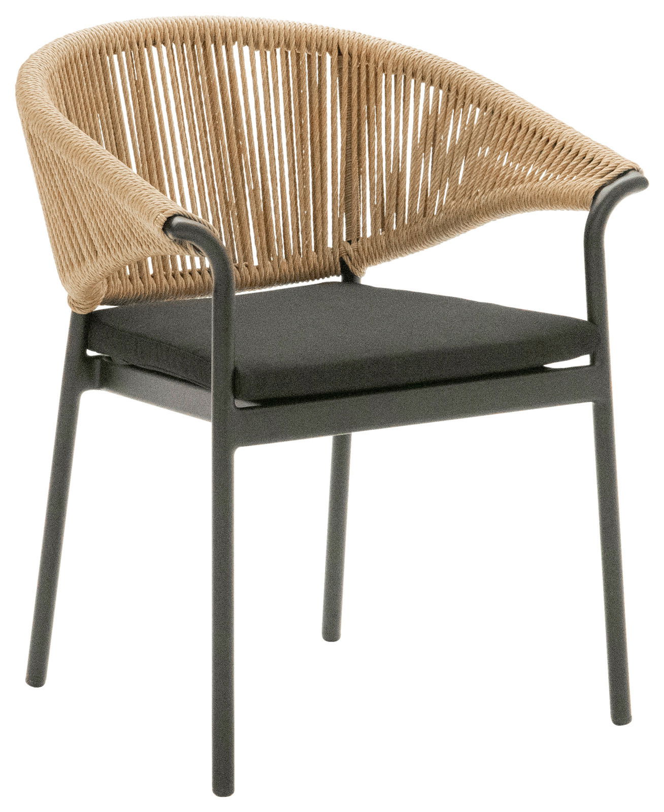 Moderner Gartensessel mit geflochtener Rückenlehne und schwarzem Sitzpolster, seitliche Perspektive
