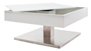 Moderne salontafel met zwevend glazen blad en metalen onderstel, zijaanzicht
