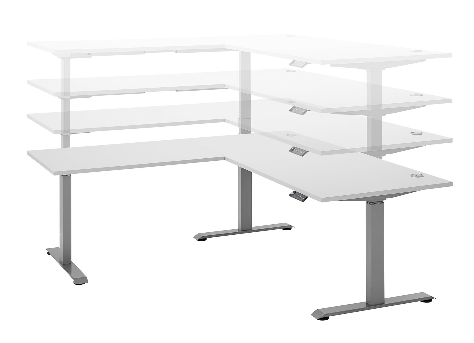 Höhenverstellbarer E-Eckschreibtisch der E-Serie in L-Form, seitliche Perspektive