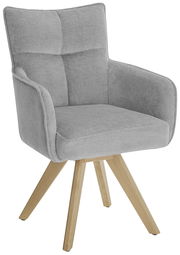 Grauer Armlehnstuhl mit Holzbeinen, seitliche Perspektive