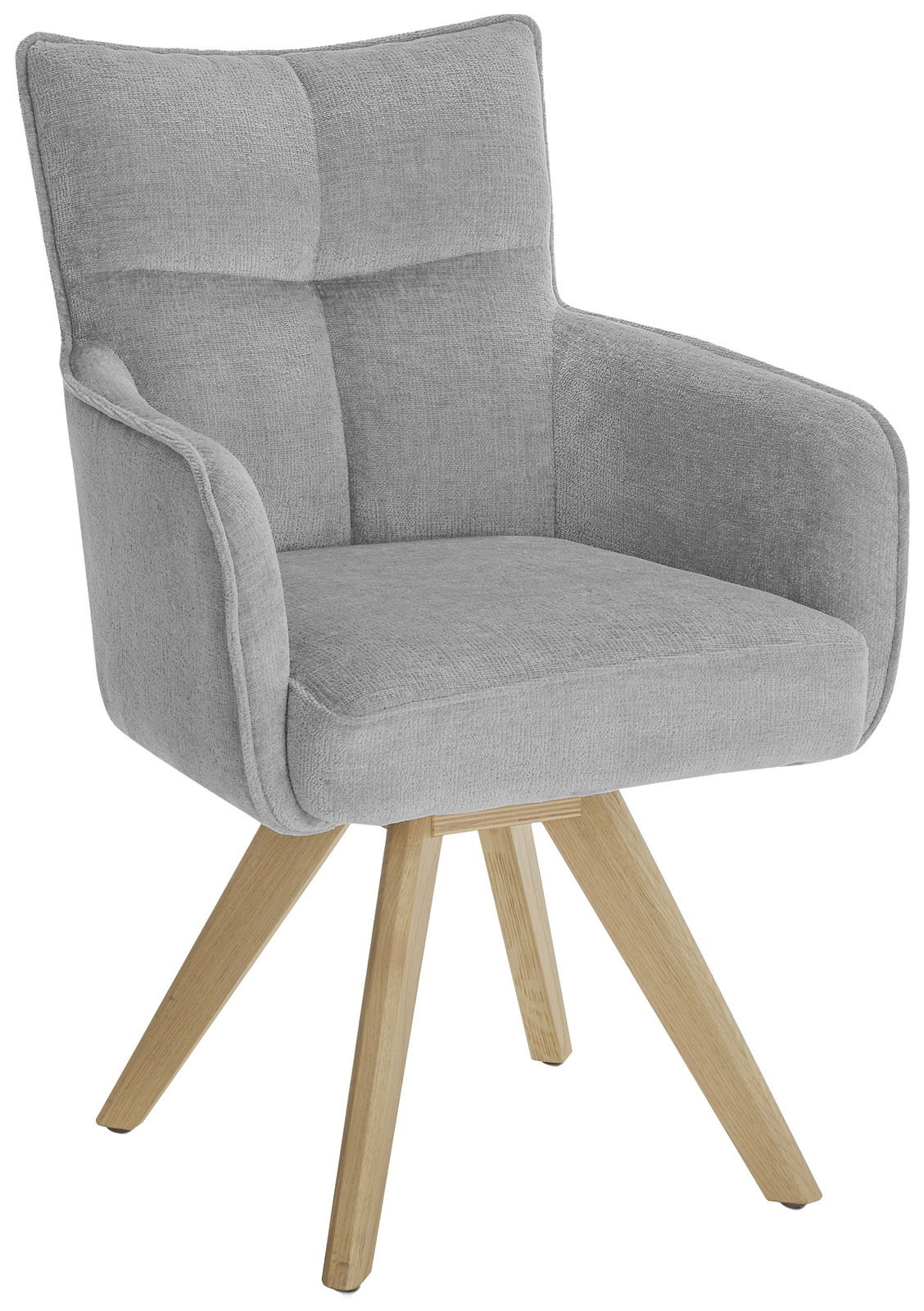 Grauer Armlehnstuhl mit Holzbeinen, seitliche Perspektive