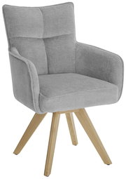 Grauer Armlehnstuhl mit Holzbeinen, seitliche Perspektive