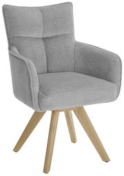 Grauer Armlehnstuhl mit Holzbeinen, seitliche Perspektive