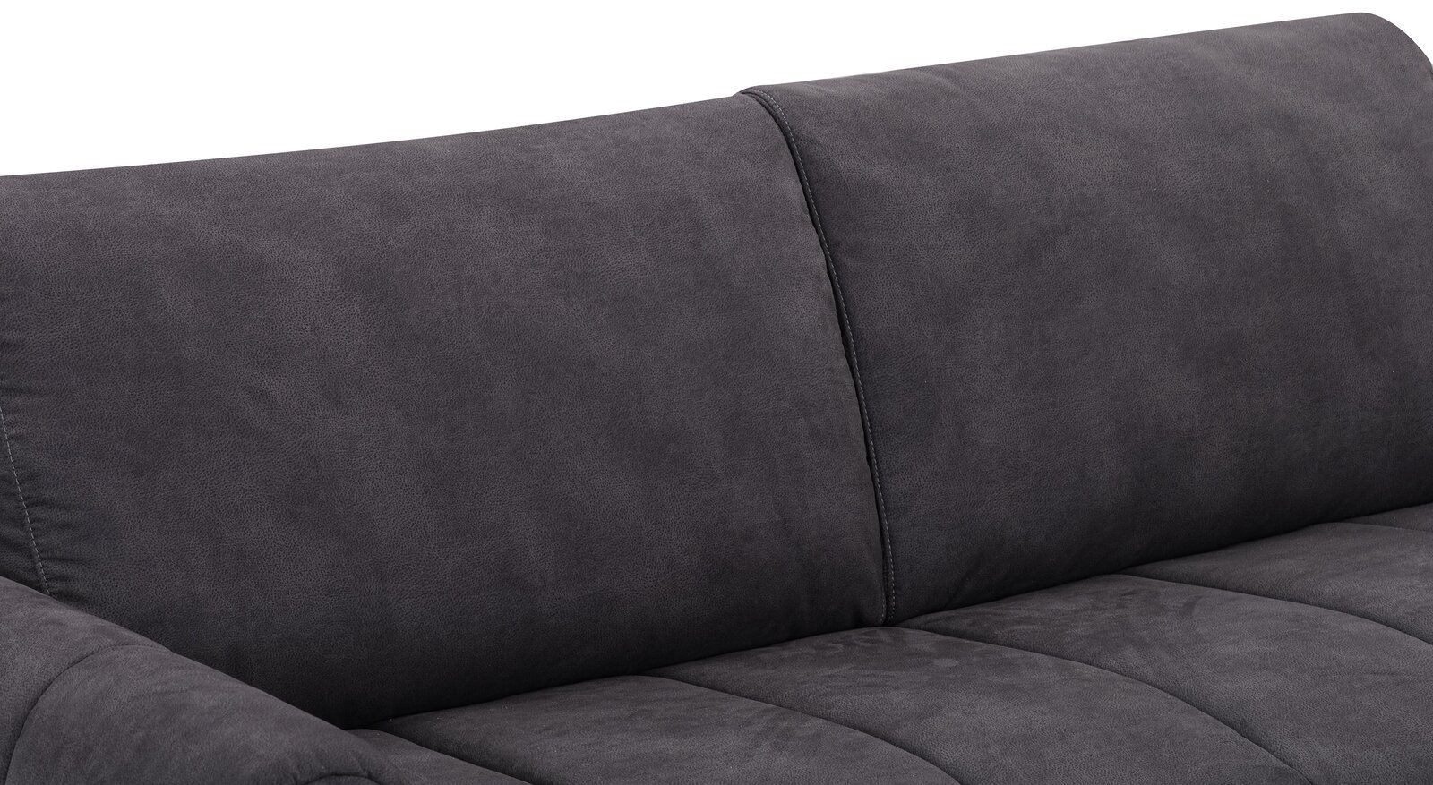 Nahaufnahme der Rückenlehne eines dunkelgrauen Funktionssofas aus Stoff.