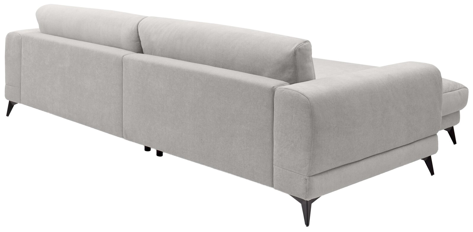 Modernes hellgraues Stoff-Ecksofa mit Recamiere/Longchair und schwarzen Metallfüßen, Ansicht schräg von hinten rechts.