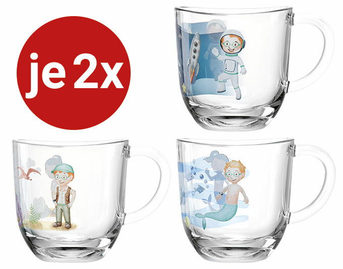 Kindertassenset mit drei verschiedenen Motiven: Astronaut, Abenteurer und Meerjungfrau, jeweils in zweifacher Ausführung, seitliche Perspektive.
