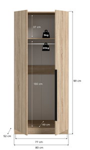 Offener zweitüriger Kleiderschrank in heller Holzoptik, Frontansicht mit leicht schräger Perspektive, Maße 181 x 80 x 52 cm, Innenraum mit Kleiderstange und Ablage (Belastung 20 kg/5 kg) sowie Innenmaßen 130 cm Höhe, 37 cm Fachhöhe und 49 cm Tiefe.