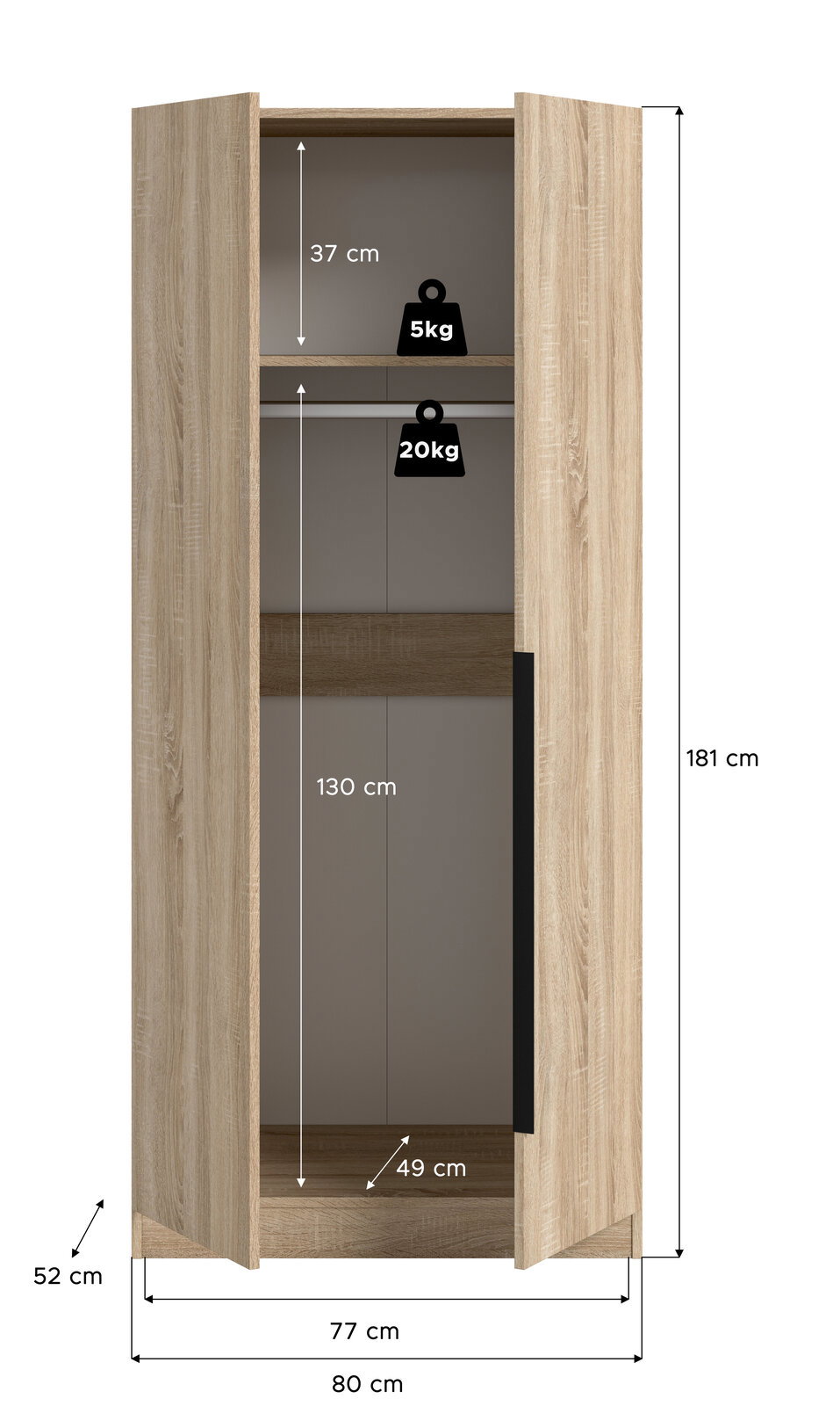 Offener zweitüriger Kleiderschrank in heller Holzoptik, Frontansicht mit leicht schräger Perspektive, Maße 181 x 80 x 52 cm, Innenraum mit Kleiderstange und Ablage (Belastung 20 kg/5 kg) sowie Innenmaßen 130 cm Höhe, 37 cm Fachhöhe und 49 cm Tiefe.
