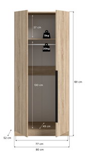 Offener zweitüriger Kleiderschrank in heller Holzoptik, Frontansicht mit leicht schräger Perspektive, Maße 181 x 80 x 52 cm, Innenraum mit Kleiderstange und Ablage (Belastung 20 kg/5 kg) sowie Innenmaßen 130 cm Höhe, 37 cm Fachhöhe und 49 cm Tiefe.