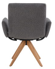 Rückansicht eines grauen Armlehnstuhls mit Holzbeinen, Modell COCOON von Dieter Knoll.