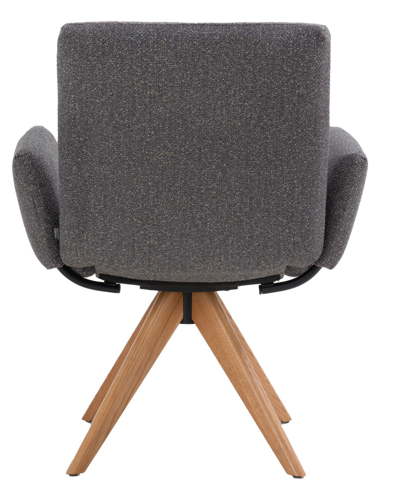 Rückansicht eines grauen Armlehnstuhls mit Holzbeinen, Modell COCOON von Dieter Knoll.