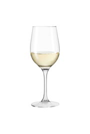 Weißweinglas Ciao mit 38 cl Fassungsvermögen, gefüllt mit Weißwein, in Frontalansicht.