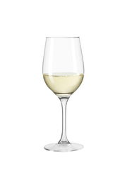 Weißweinglas Ciao mit 38 cl Fassungsvermögen, gefüllt mit Weißwein, in Frontalansicht.