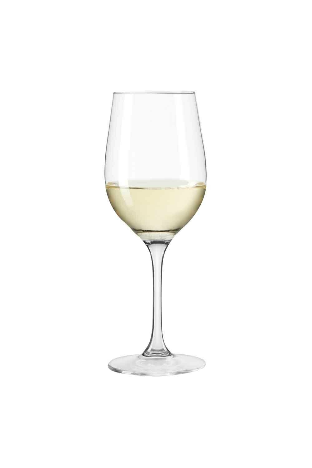 Weißweinglas Ciao mit 38 cl Fassungsvermögen, gefüllt mit Weißwein, in Frontalansicht.