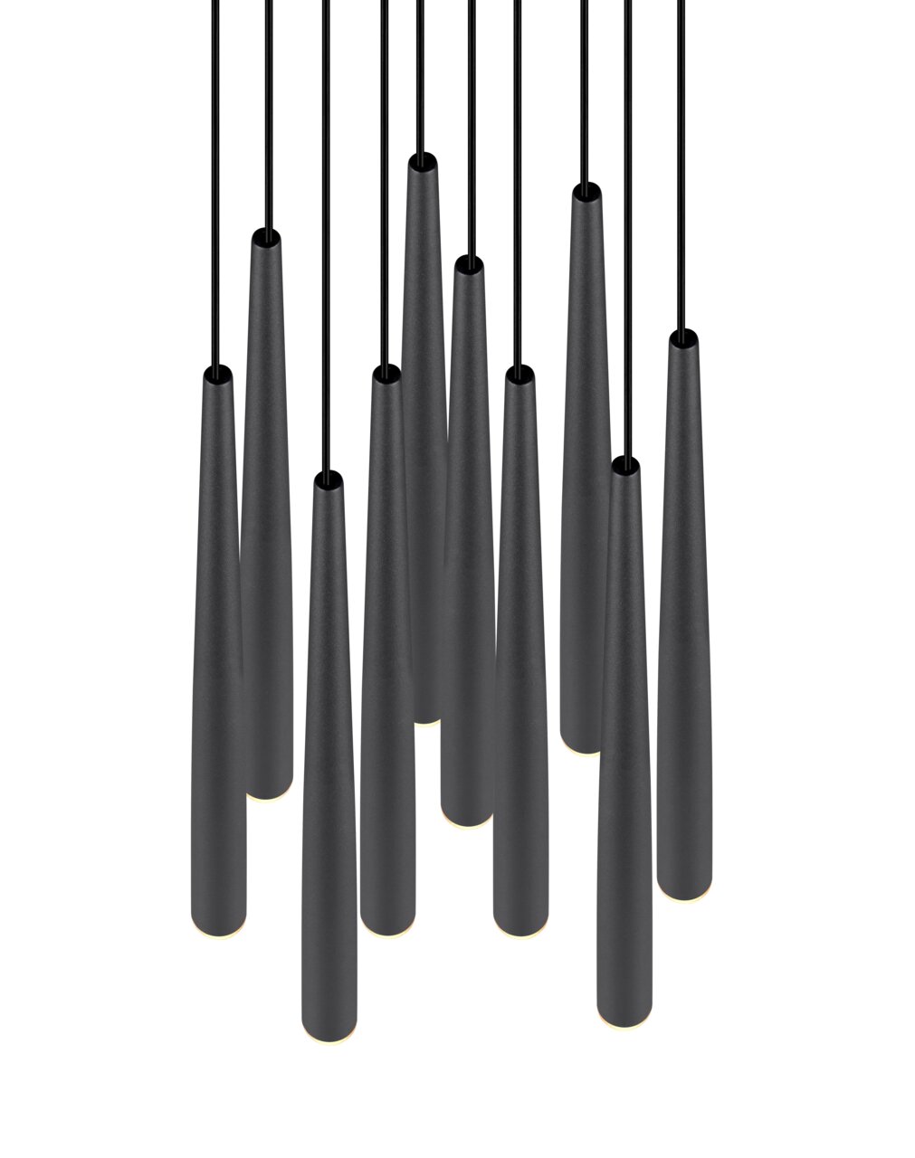 Moderne Pendelleuchte mit mehreren schwarzen, konischen Lampenschirmen aus der Vogelperspektive