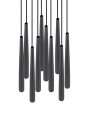 Moderne Pendelleuchte mit mehreren schwarzen, konischen Lampenschirmen aus der Vogelperspektive