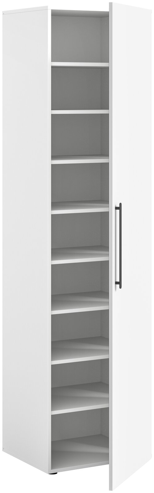 Weißer Garderobenschrank mit mehreren Regalböden, geöffnete Tür, seitliche Perspektive