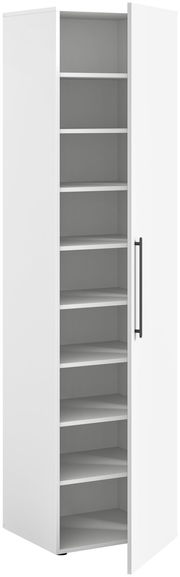 Weißer Garderobenschrank mit mehreren Regalböden, geöffnete Tür, seitliche Perspektive