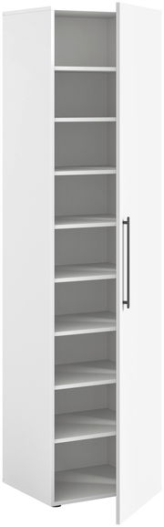 Weißer Garderobenschrank mit mehreren Regalböden, geöffnete Tür, seitliche Perspektive