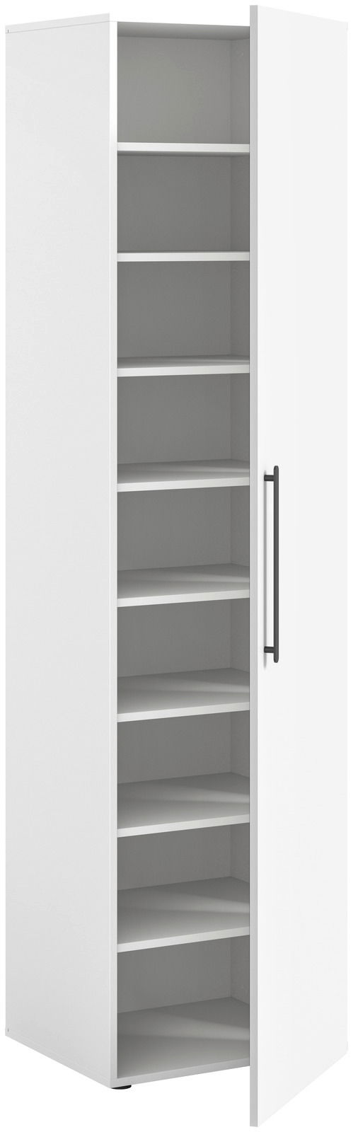 Weißer Garderobenschrank mit mehreren Regalböden, geöffnete Tür, seitliche Perspektive