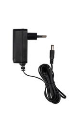 Schwarzes Netzteil mit Kabel, seitliche Ansicht