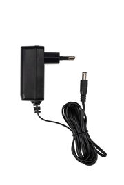 Schwarzes Netzteil mit Kabel, seitliche Ansicht