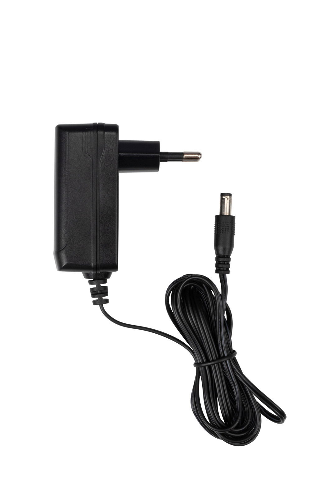 Schwarzes Netzteil mit Kabel, seitliche Ansicht