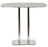 Moderner Bartisch mit ovaler Tischplatte und zwei Metallbeinen, Frontalansicht