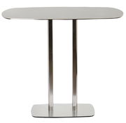 Moderner Bartisch mit ovaler Tischplatte und zwei Metallbeinen, Frontalansicht