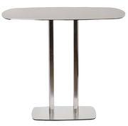 Moderner Bartisch mit ovaler Tischplatte und zwei Metallbeinen, Frontalansicht