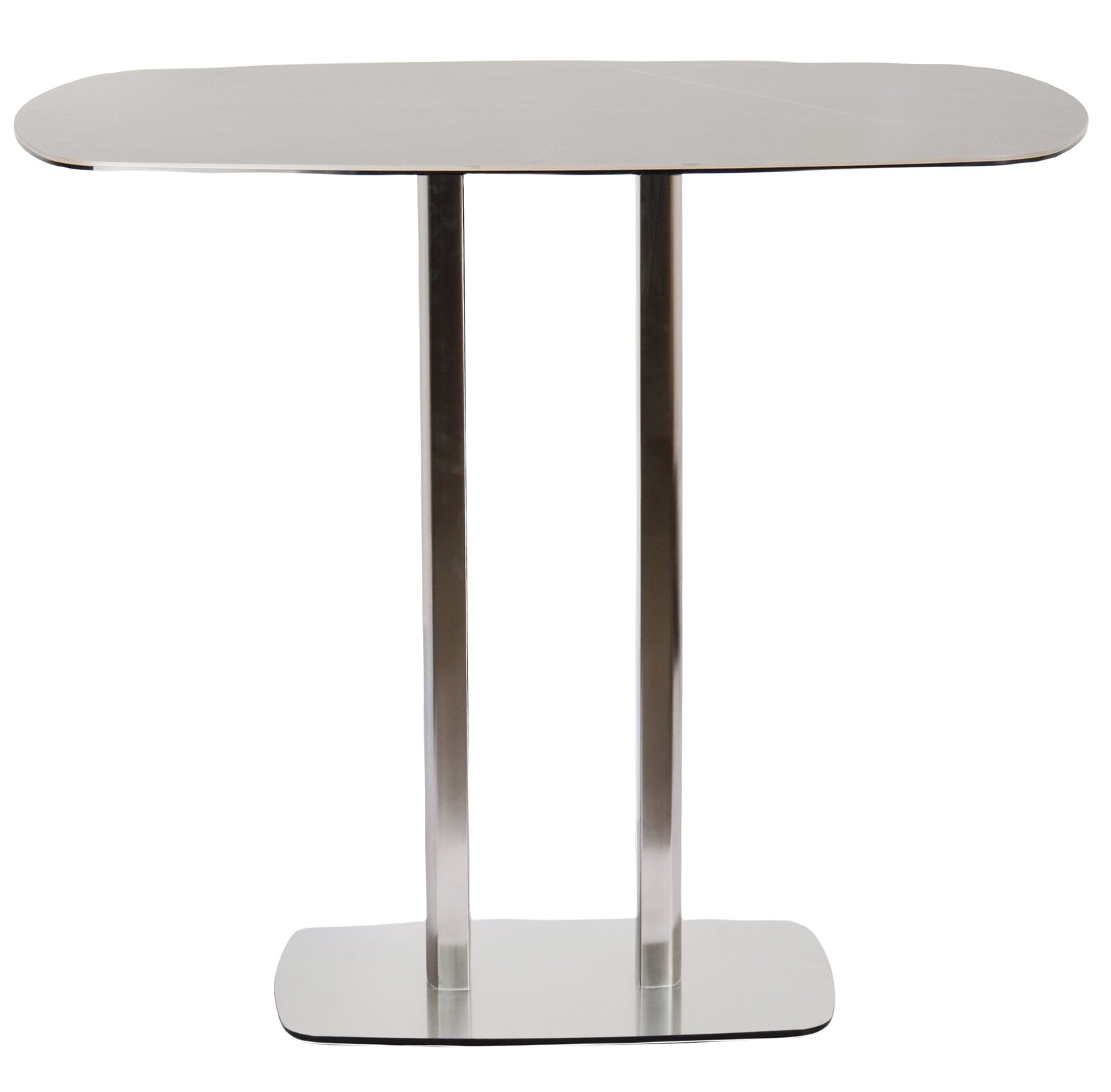 Moderner Bartisch mit ovaler Tischplatte und zwei Metallbeinen, Frontalansicht