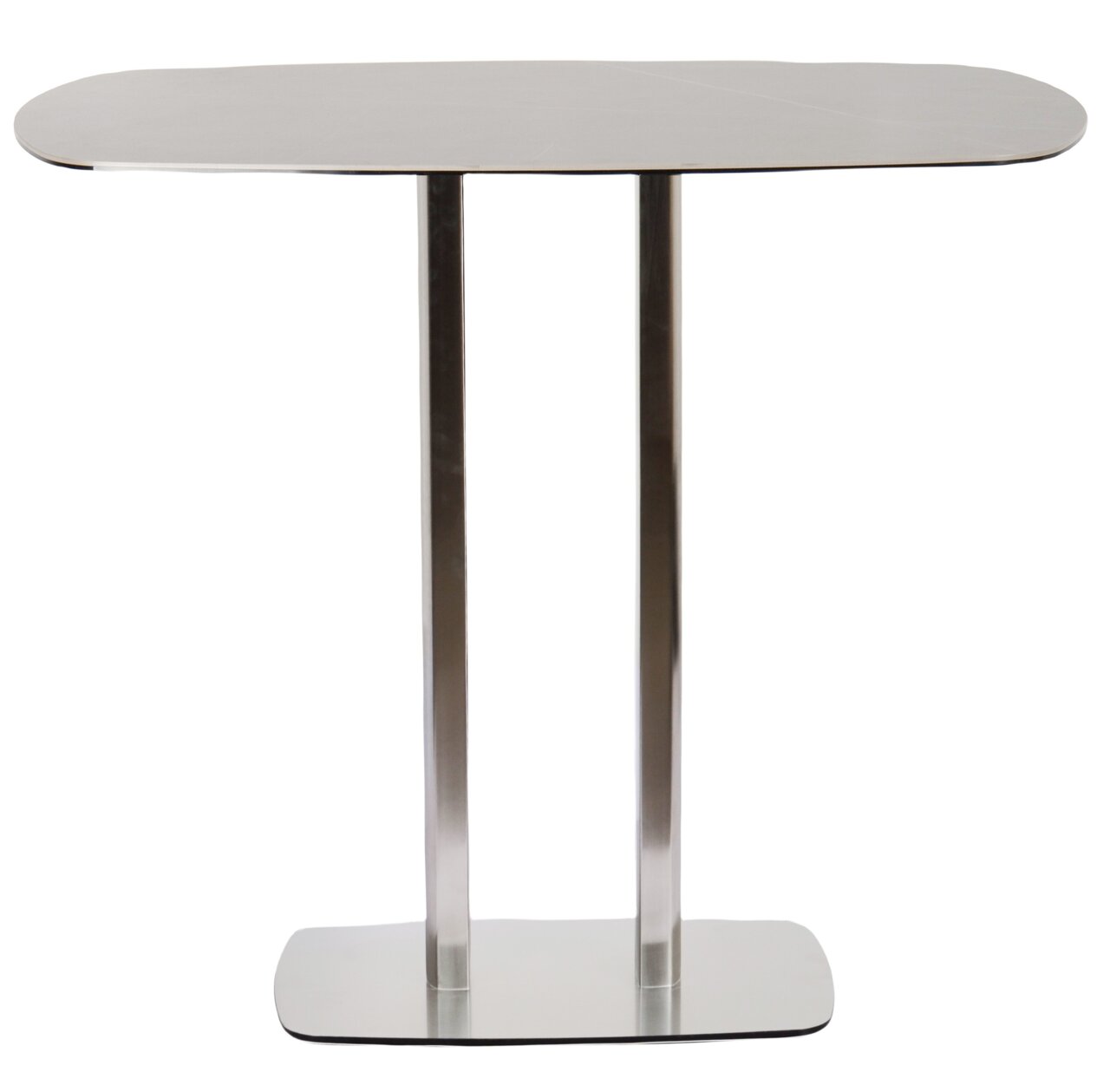 Moderner Bartisch mit ovaler Tischplatte und zwei Metallbeinen, Frontalansicht