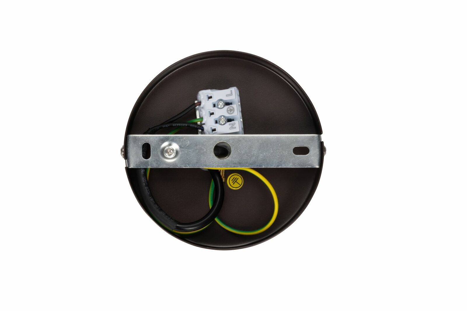 Rückansicht einer runden Deckenhalterung mit Kabeln und Anschlussklemmen für eine Hängeleuchte.