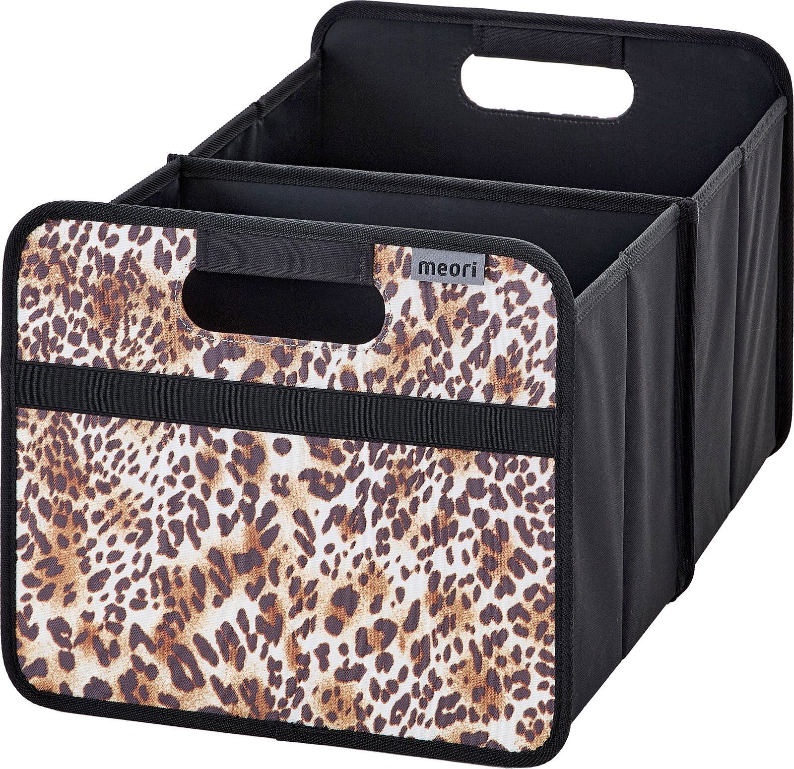 Faltbare Aufbewahrungsbox/Organizer von meori mit Tragegriffen, schwarzem Korpus und Leopardenmuster-Front, schräg von vorne links in leicht erhöhter Perspektive fotografiert.