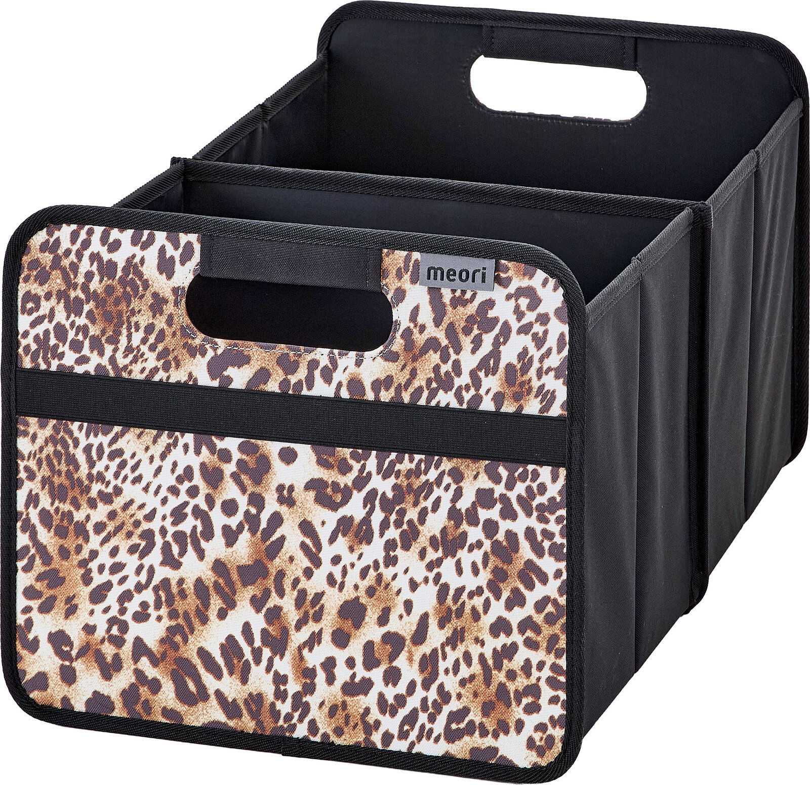 Meori Faltbox L Faltbare Aufbewahrungsbox/Organizer von meori mit Tragegriffen, schwarzem Korpus und Leopardenmuster-Front, schräg von vorne links in leicht erhöhter Perspektive fotografiert.